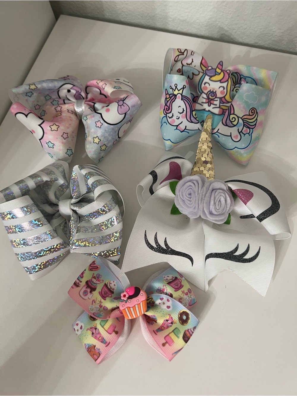Assorted Kids Unicorn & Glitter Hair Bows - White, Silver, Pastel